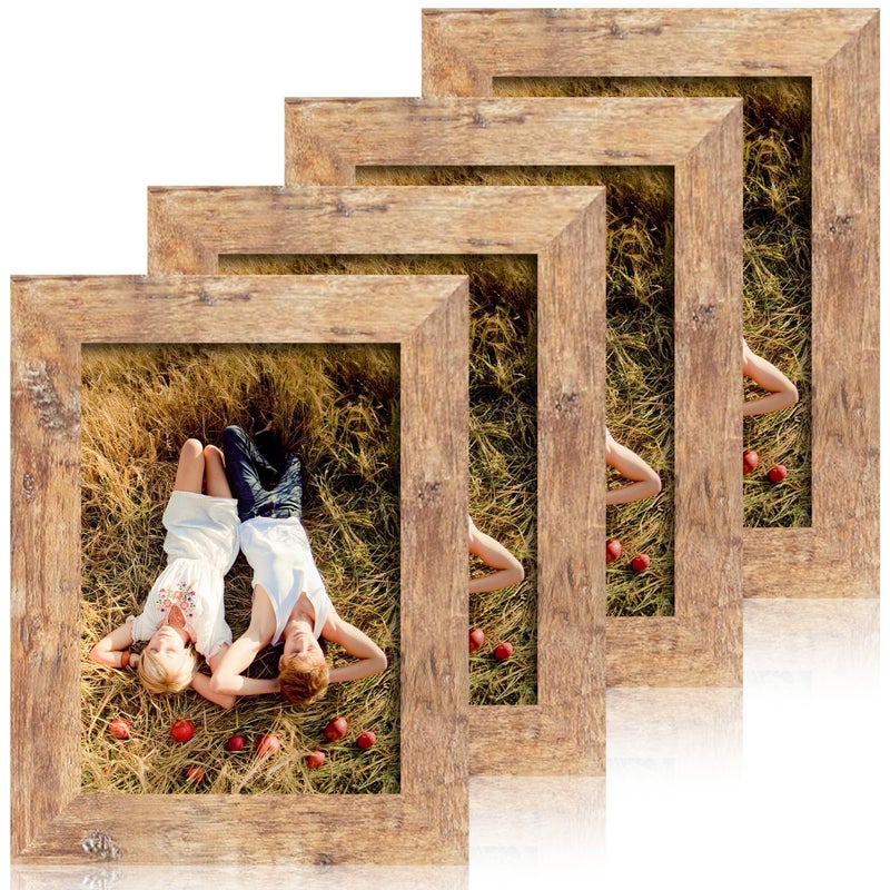 iRahmen 5x7 Picture Frame Set of 4  High Definition Real Glass Rustic Brown Frame  5 x 7 Wood Photo Frames for Tabletop Display and Wall Mounting - Image 1